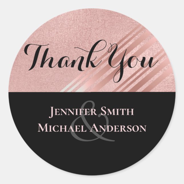 Modern Rose Gold Black Wedding Classic Round Sticker (Front)