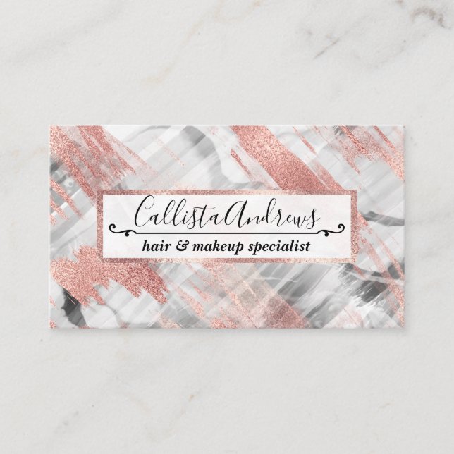 Modern Rose Gold Black White Brushstrokes Business Card (Front)