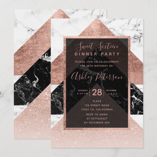 Modern rose gold black white marble Sweet 16 Invitation (Front/Back)