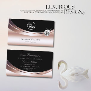 Modern Rose Gold Black with Logo Sparkly Diamond Business Card