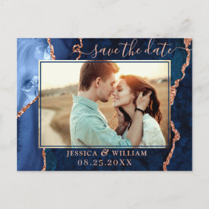 Modern Rose Gold Blue Agate PHOTO Save the Date Po Postcard