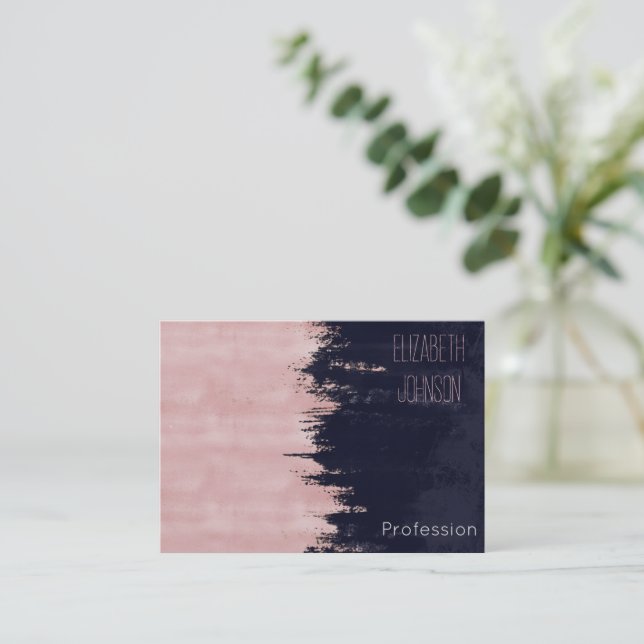 Modern Rose Gold Blue Brushstrokes Abstract Paint Business Card (Standing Front)