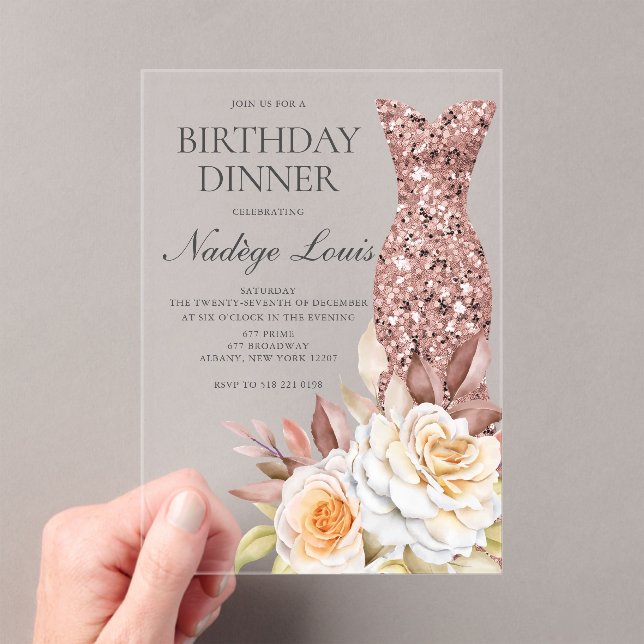 Modern Rose Gold Blush Floral Dress Birthday Acrylic Invitations (Insitu (Handheld))