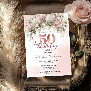 Modern Rose Gold Blush Flowers 50th Birthday   Invitation