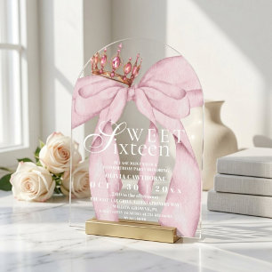 Modern Rose Gold Blush Pink Bow Sweet 16 Birthday Acrylic Invitations