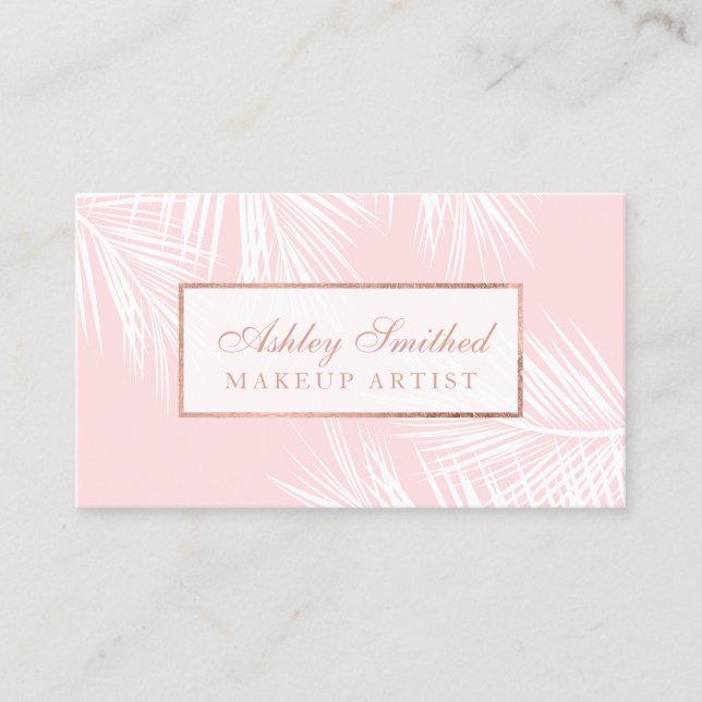 Modern rose gold blush pink plam tree leaf makeup business card (Front)