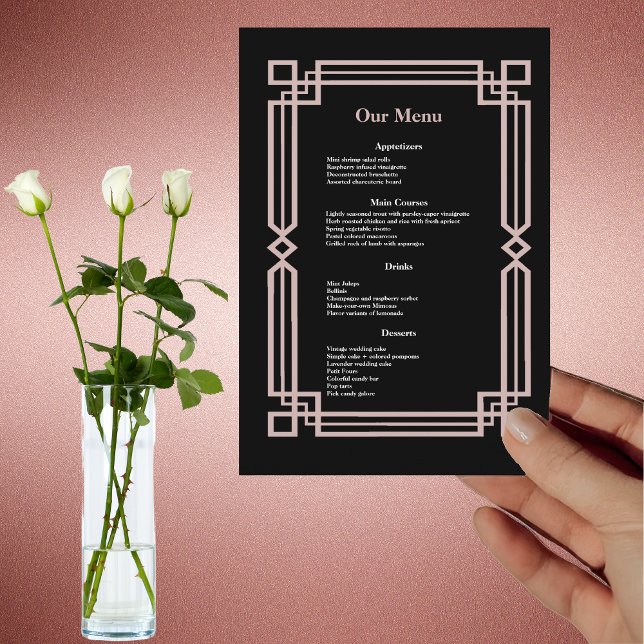 Modern Rose Gold Border Navy Black Wedding Dinner Menu (Creator Uploaded)