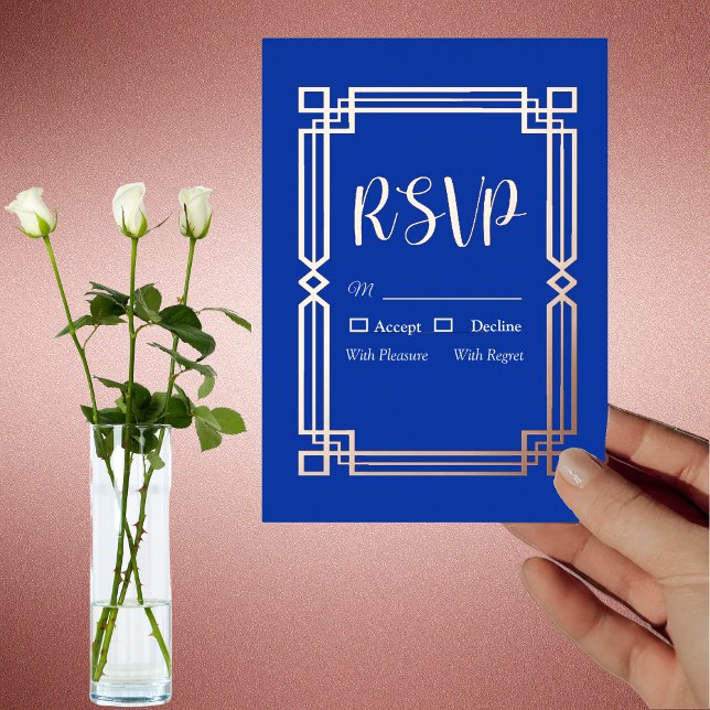 Modern Rose Gold Border on Navy Blue RSVP Card (Creator Uploaded)