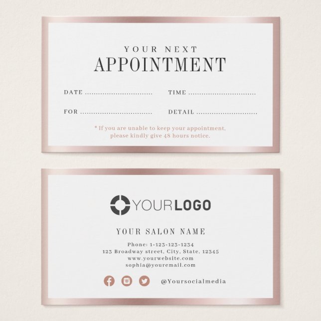 Modern rose gold border salon appointment card (Front & Back)