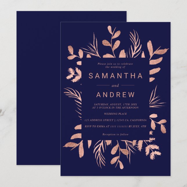 Modern rose gold botanical leaf navy blue wedding invitation (Front/Back)