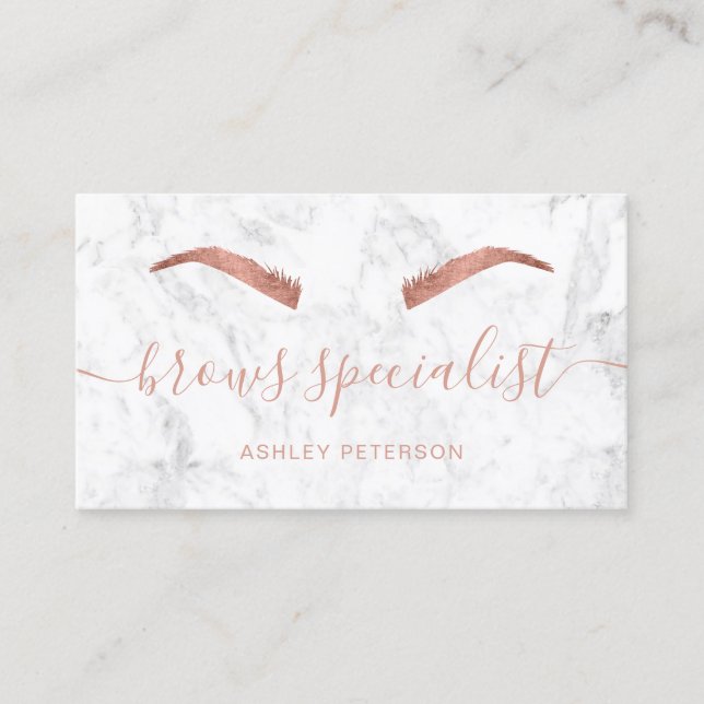 Modern rose gold brows trendy white marble business card (Front)