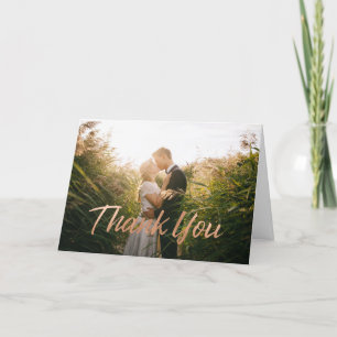 Modern Rose Gold Brush Script Wedding Photo Thank You Card