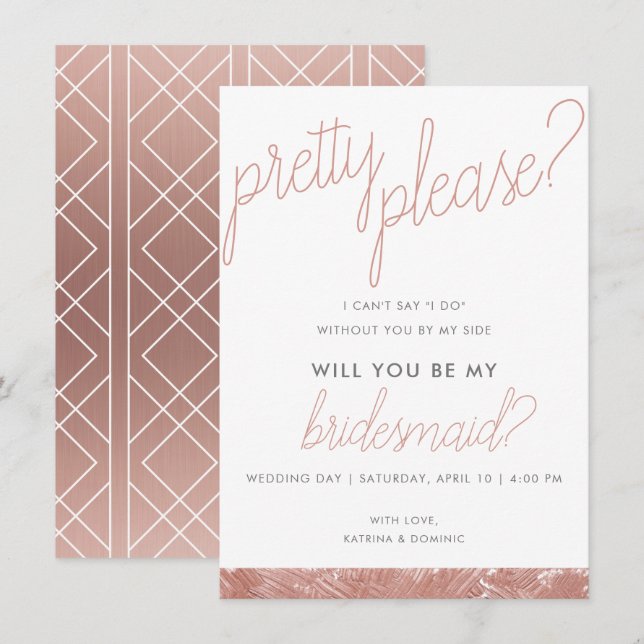 Modern Rose Gold Brush Stroke Bridesmaid Invite (Front/Back)