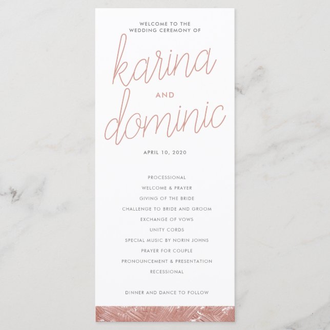 Modern Rose Gold Brush Stroke Wedding Program Programme (Front)