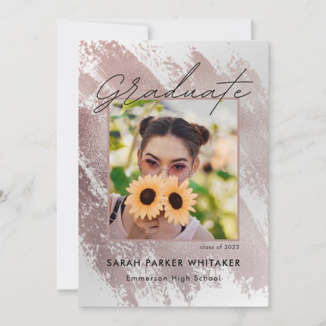 Modern Rose Gold Brush Strokes Graduation Party Invitation (Front)