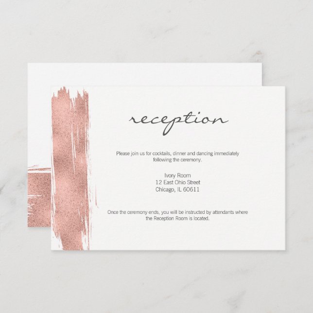 Modern Rose Gold Brush Wedding Reception Card (Front/Back)
