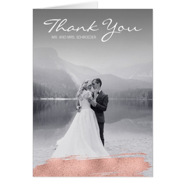 Modern Rose Gold Brush Wedding Thank You Card (Front)