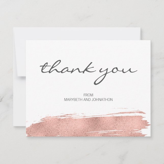Modern Rose Gold Brush Wedding Thank You Card (Front)