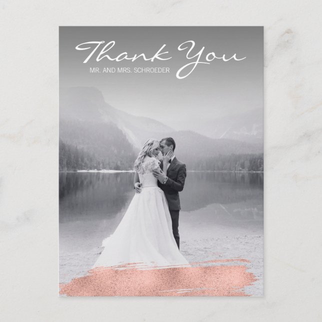 Modern Rose Gold Brush Wedding Thank You Postcard (Front)
