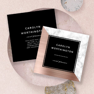 Modern Rose Gold Brushed Foil White Marble Black Square Business Card