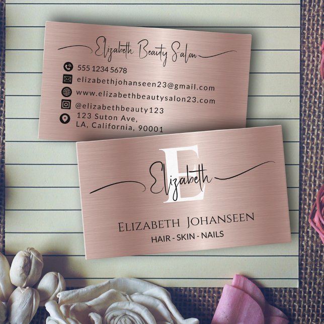 Modern Rose Gold Brushed Metal Girly Glam Monogram Business Card (Creator Uploaded)
