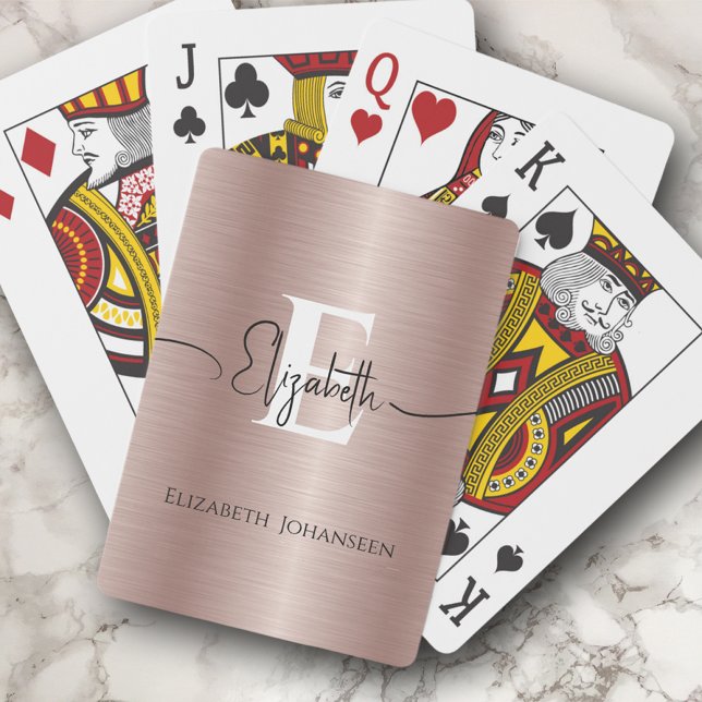 Modern Rose Gold Brushed Metal Script Monogrammed Playing Cards (Creator Uploaded)