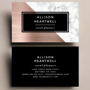 Modern Rose Gold Brushed Metal White Marble Black Business Card