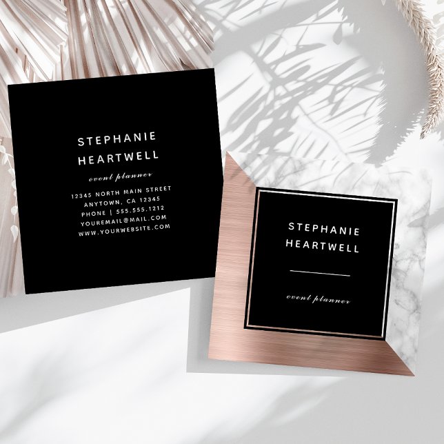 Modern Rose Gold Brushed Metal White Marble Black Square Business Card (Creator Uploaded)