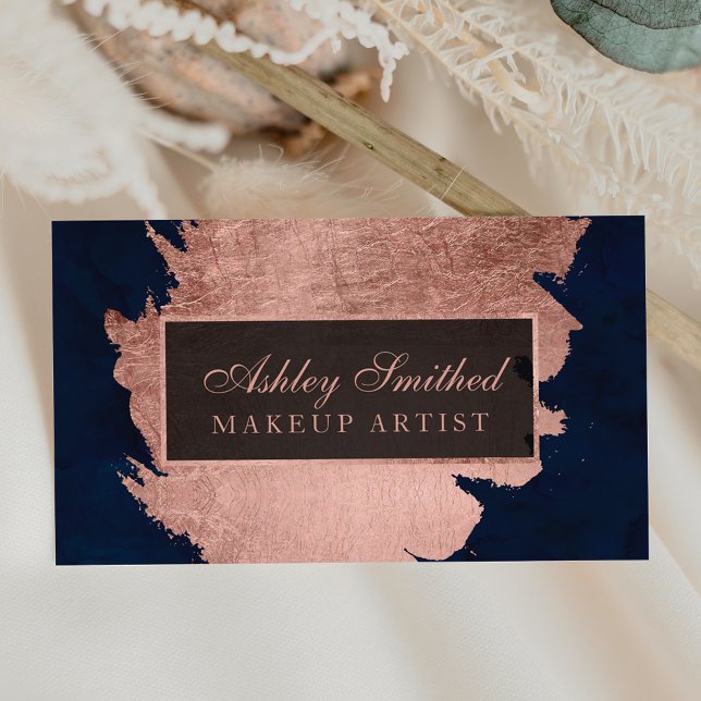 Modern rose gold brushstroke navy blue makeup business card (Creator Uploaded)