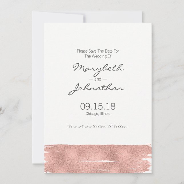 Modern Rose Gold Brushstroke Save The Date Card (Front)