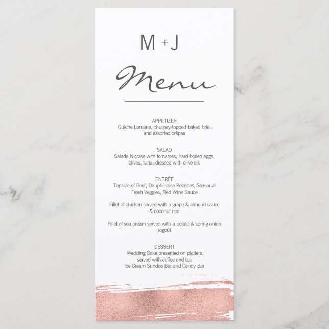 Modern Rose Gold Brushstroke Wedding Menu Card (Front)