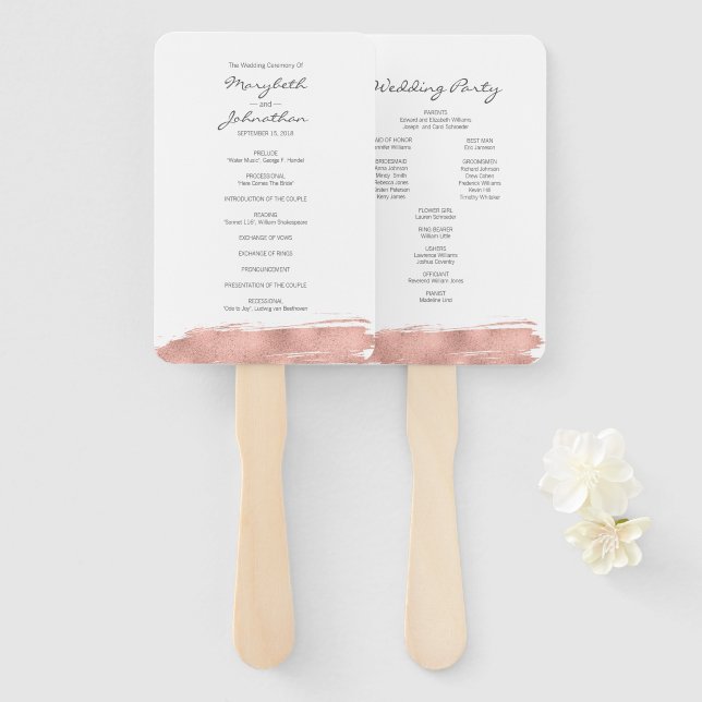 Modern Rose Gold Brushstroke Wedding Program Fan (Front and Back)