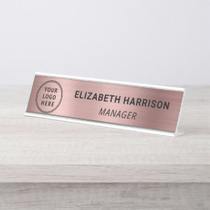 Modern Rose Gold Business Logo Desk Name Plate