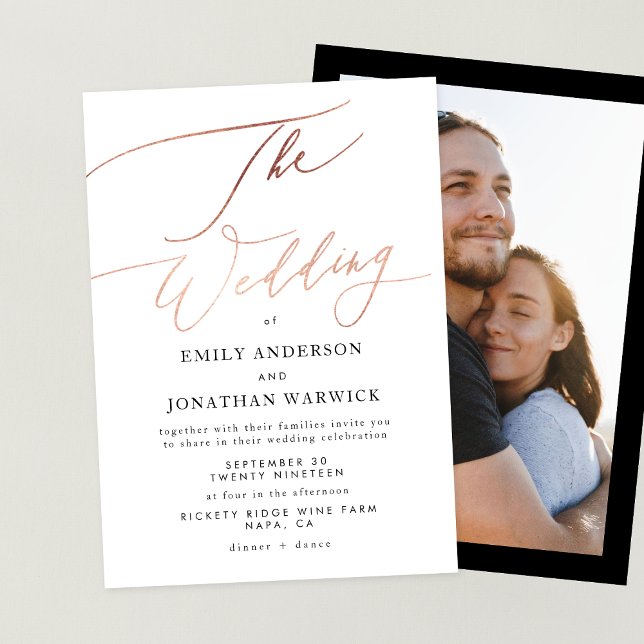 Modern Rose Gold Calligraphy Photo Wedding Invitation (Creator Uploaded)
