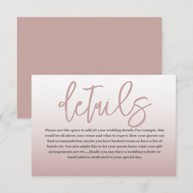 Modern Rose Gold & Calligraphy Wedding Details Enclosure Card (Front/Back)