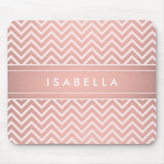Modern Rose Gold Chevron Pattern Monogrammed Mouse Mat (Front)