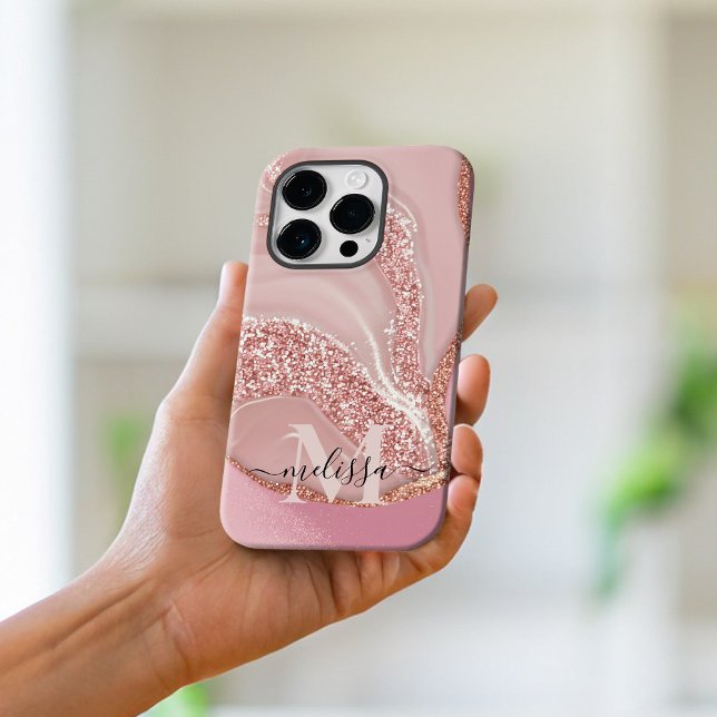 Modern Rose Gold Chic Glitter Monogram iPhone Case (Creator Uploaded)
