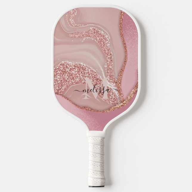 Modern Rose Gold Chic Glitter Monogram Pickleball Paddle (Front)