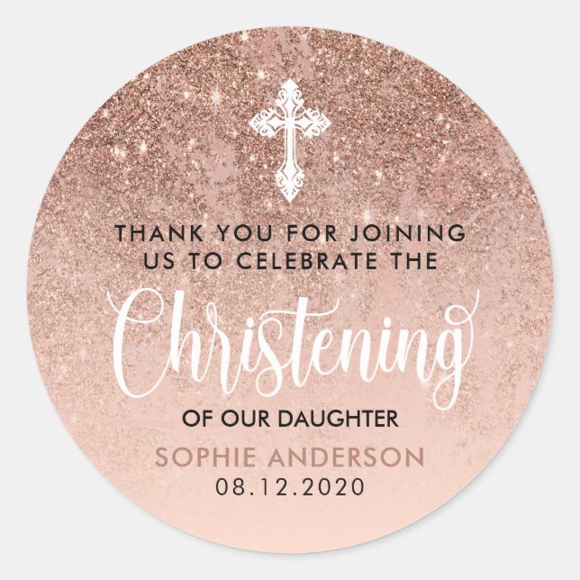 Modern Rose Gold Christening Thank You Classic Round Sticker (Front)