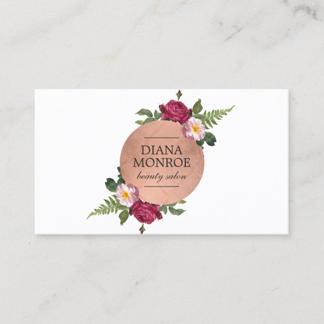 Modern Rose Gold Circle Floral Wreath Logo Business Card (Front)