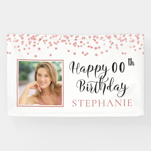 Modern Rose Gold Confetti ANY AGE Birthday Photo Banner (Horizontal)