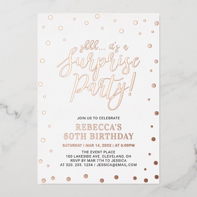 Modern Rose Gold Confetti Surprise Birthday Party (Front)