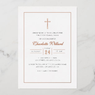 Modern Rose Gold Cross Girls First Communion