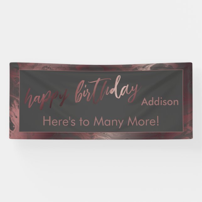 Modern Rose Gold Dark Grey Marble Happy Birthday Banner (Horizontal)