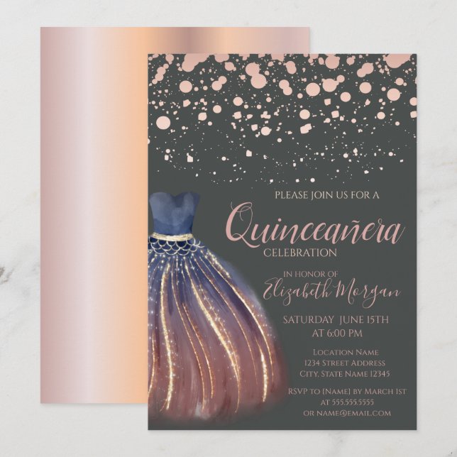 Modern Rose Gold Dots,Chic Dress Grey Quinceañera  Invitation (Front/Back)