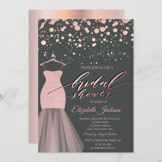 Modern Rose Gold Dots Glitter Dress Bridal Shower Invitation (Front/Back)