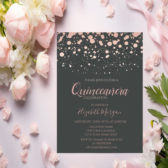 Modern Rose Gold Dots, Grey  Quinceanera Invitation (Creator Uploaded)
