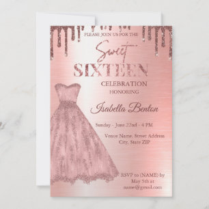 Modern Rose Gold Dress Glitter Sweet 16 Unique Invitation