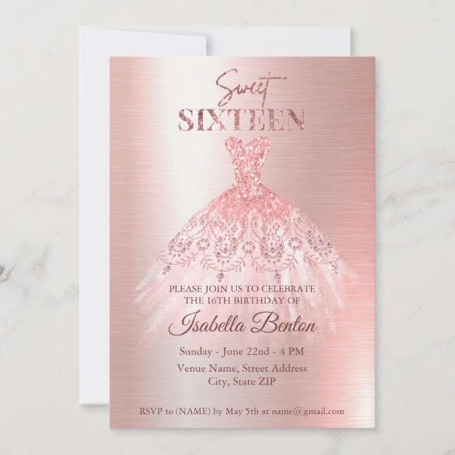 Modern Rose Gold Dress Glitter Sweet 16 Unique Invitation (Front)
