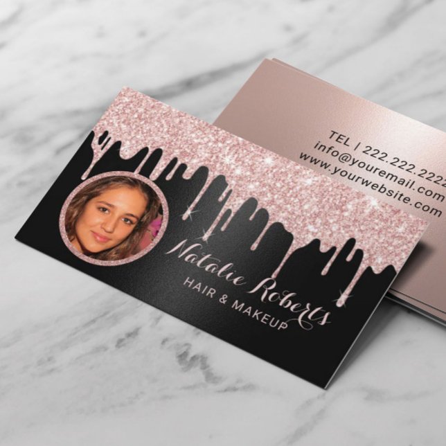 Modern Rose Gold Drips Black Beauty Salon Photo Business Card (Creator Uploaded)